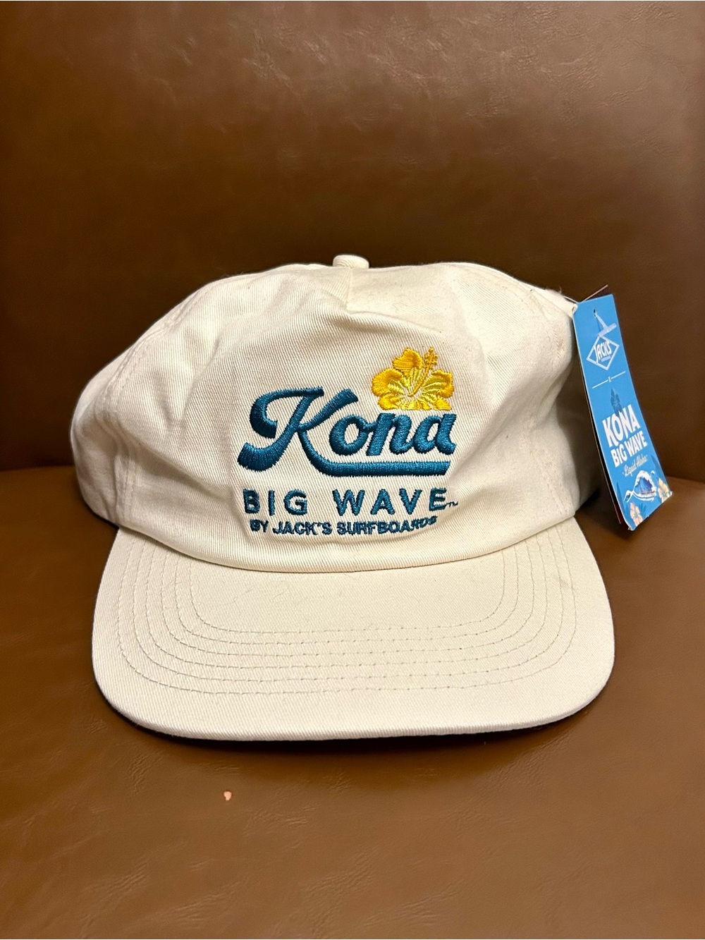 Kona Big Wave Embroidered Cotton Cap - Cream with Teal & Yellow